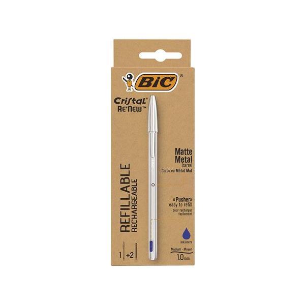 Guľôčkové pero, 0,32 mm, s vrchnákom, matné strieborné telo pera, BIC "Cristal Re`New", modré + náplň, 3ks
