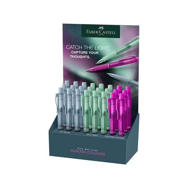 Guľôčkové pero, displej, 1 mm, XB, stláčací mechanizmus, FABER-CASTELL "Poly Ball View Aurora", mix farieb