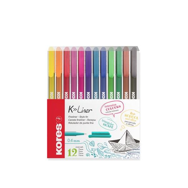 Liner, sada, 0,4 mm, KORES "K-Liner", 12 rôznych farieb