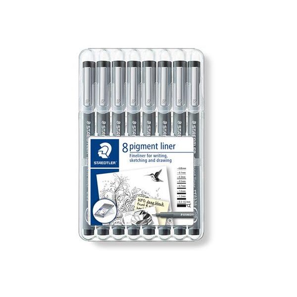 Liner, sada, 8 rôznych hrúbok, STAEDTLER "Pigment liner 308", čierna