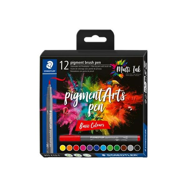 Fixka v tvare štetca, sada, STAEDTLER "Pigment brush 371", 12 rôznych základných farieb
