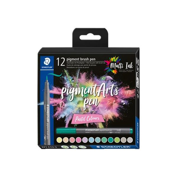Fixka v tvare štetca, sada, STAEDTLER "Pigment brush 371", 12 rôznych pastelových farieb