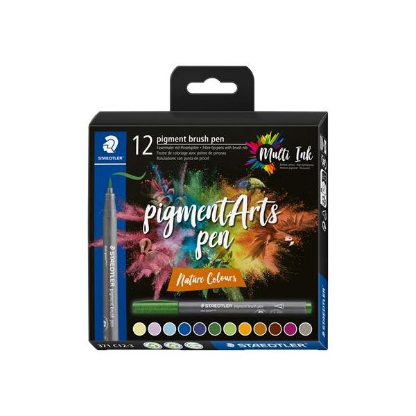Fixka v tvare štetca, sada, STAEDTLER "Pigment brush 371", 12 rôznych prírodných farieb