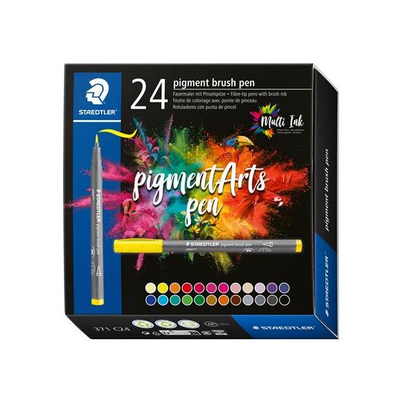 Fixka v tvare štetca, sada, STAEDTLER "Pigment brush 371", 24 rôznych farieb