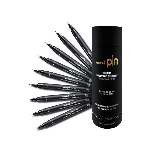 Popisovače, sada, UNI PIN "Tube", 9 rôznych hrúbok čiar, čierna