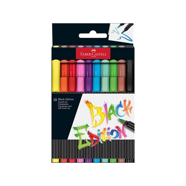 Fixky v rvare štetca, sada, FABER-CASTELL "Black Edition" 10 rôznych farieb