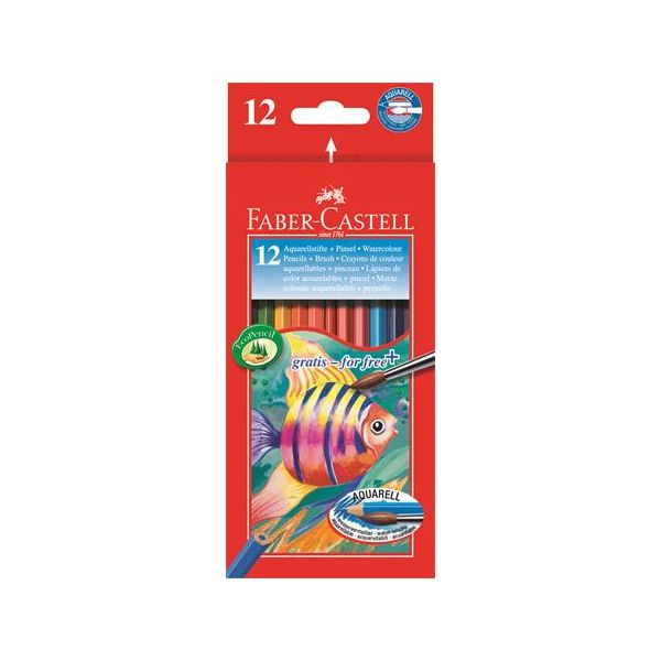 Akvarelové ceruzky, sada, šesťhranné, so štetcom, FABER-CASTELL, 12 rôznych farieb