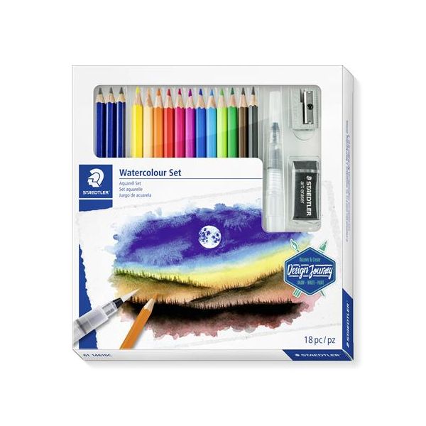 Akvarelové ceruzky, sada, so štetcom, gumou, strúhadlom, grafitovou ceruzkou, STAEDTLER "146 10C", 12 rôznych farieb