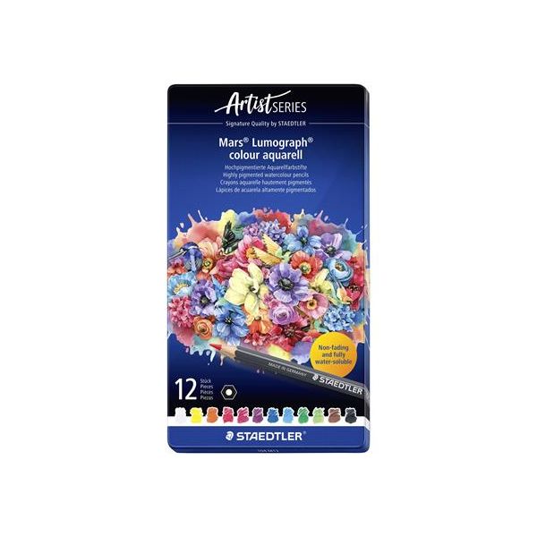 Akvarelové ceruzky, sada, šesťhranné, plechová krabička, STAEDTLER "Mars® Lumograph® 104", 12 rôznych farieb