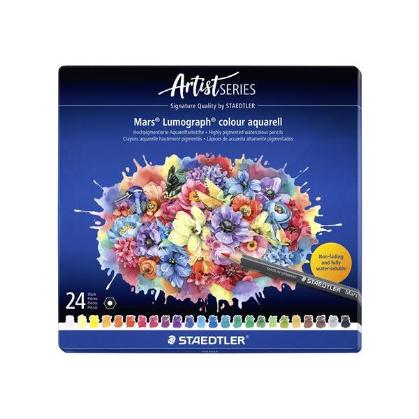 Akvarelové ceruzky, sada, šesťhranné, plechová krabička, STAEDTLER "Mars® Lumograph® 104", 24 rôznych farieb