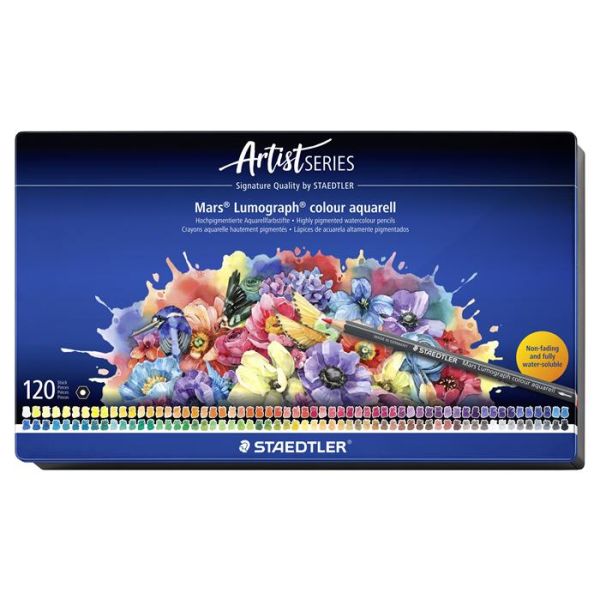 Akvarelové ceruzky, sada, šesťhranné, plechová krabička, STAEDTLER "Mars® Lumograph® 104", 120 rôznych farieb