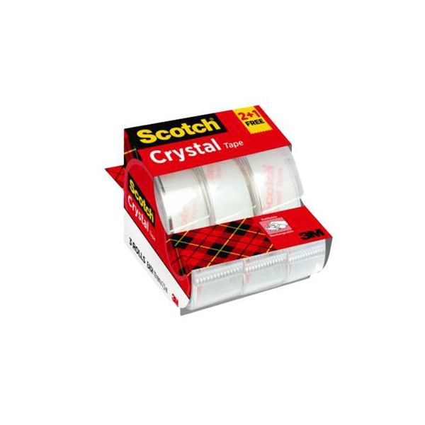 Dispenzor na lepiacu pásku, manuálny, 19 mm x 7,5 m, 3M SCOTCH "Crystal", 2+1 akcia