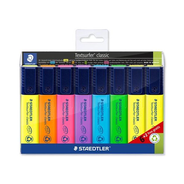 Zvýrazňovač, sada, 1-5 mm, STAEDTLER "Textsurfer Classic 364", 6+2  rôznych farieb