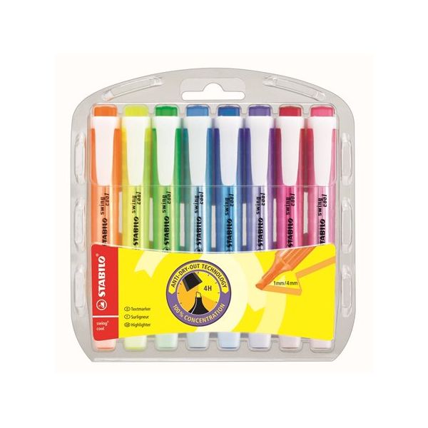 Zvýrazňovač, sada, 1-4 mm, STABILO "Swing Cool", 8 rôznych farieb