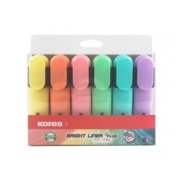 Zvýrazňovač, sada, 0,5-5 mm, KORES "Bright Liner Plus Pastel", 6 rôznych farieb