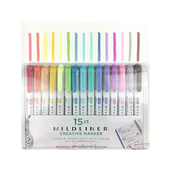 Zvýrazňovač, sada, 1,4/4 mm, s 2 hrotmi, ZEBRA "Mildliner Highlighter", 15 rôznych farieb