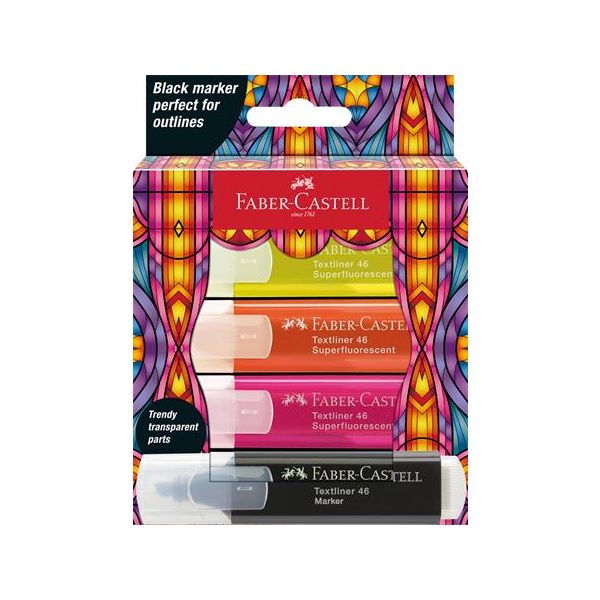 Zvýrazňovač, sada, FABER-CASTELL "Glassy", 3 rôzne neónové farby + čierna