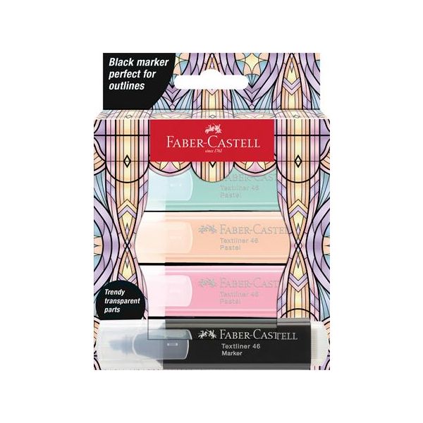 Zvýrazňovač, sada, FABER-CASTELL "Glassy", 3 rôzne pastelové farby + čierna