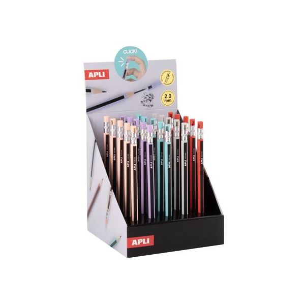 Mechanické ceruzky, displej, 2 mm, so strúhadlom, APLI, v rôznych farbách, 25 ks, 25ks