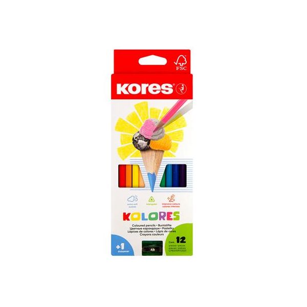 Farebné ceruzky, trojhranný tvar, KORES "Triangular", 12 rôznych farieb