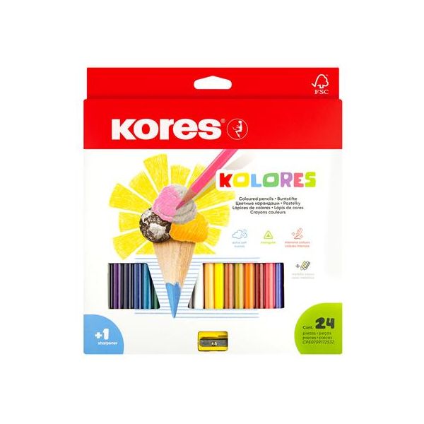 Farebné ceruzky, trojhranný tvar, KORES "Triangular", 24 rôznych farieb