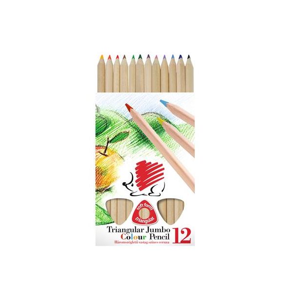 Farebné ceruzky, trojhranný tvar, hrubé, telo prírodnej farby, ICO "Ježko", 12 rôznych farieb