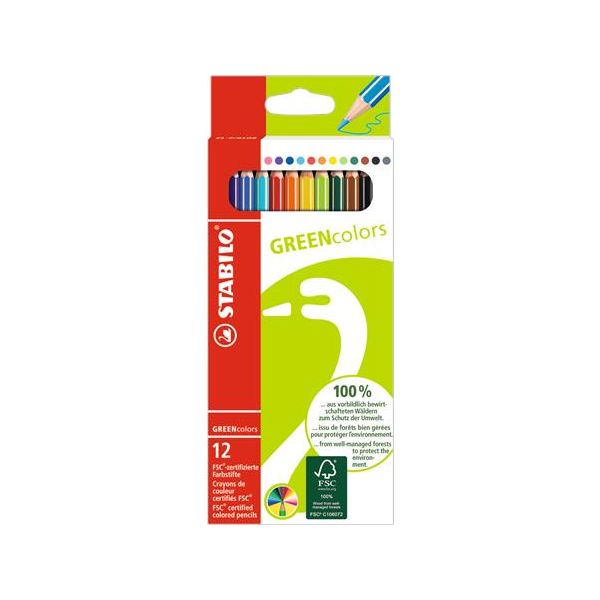 Farebné ceruzky, sada, šesťhranné, STABILO "GreenColors", 12 rôznych farieb