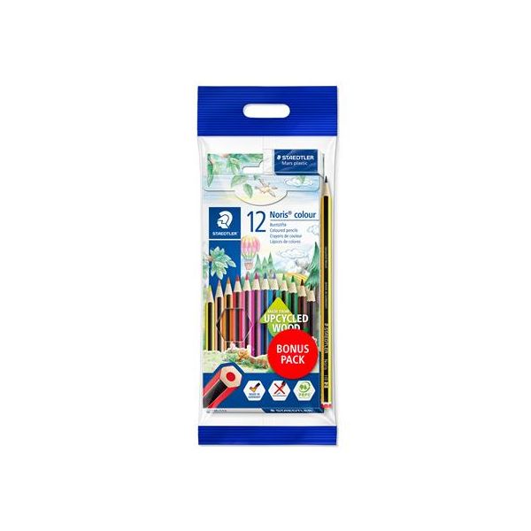 Farebné ceruzky, sada, šesťhranné, darček: grafitová ceruzka a guma, STAEDTLER "Noris Club", 12 rôznych farieb