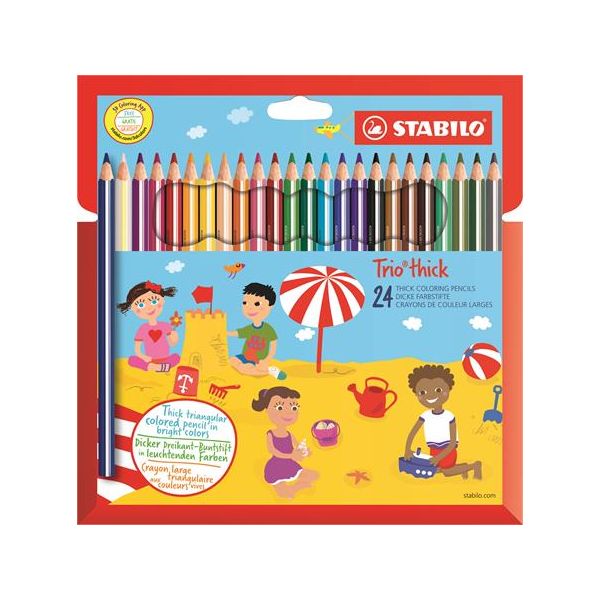 Farebné ceruzky, hrubé, trojhranný tvar, so strúhadlom, STABILO "Trio thick", 24 rôznych farieb