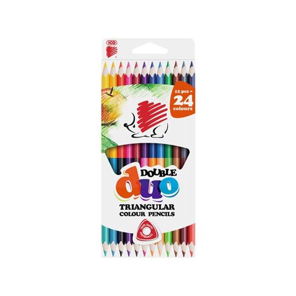 Farebné ceruzky, s 2 hrotmi, trojhranný tvar, ICO "Ježko, 24 rôznych farieb