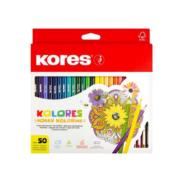 Farebné ceruzky, sada, trojhranné, KORES "Triangular", 50 rôznych farieb