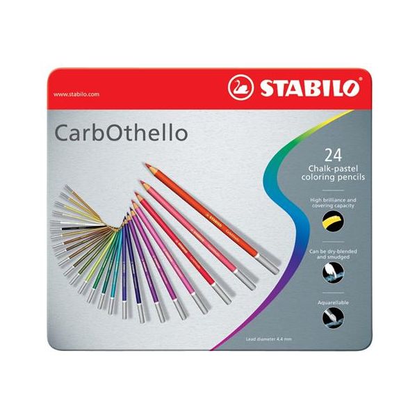 Pastelové ceruzky, sada, okrúhle, plechová krabička, STABILO "CarbOthello", 24 rôznych farieb