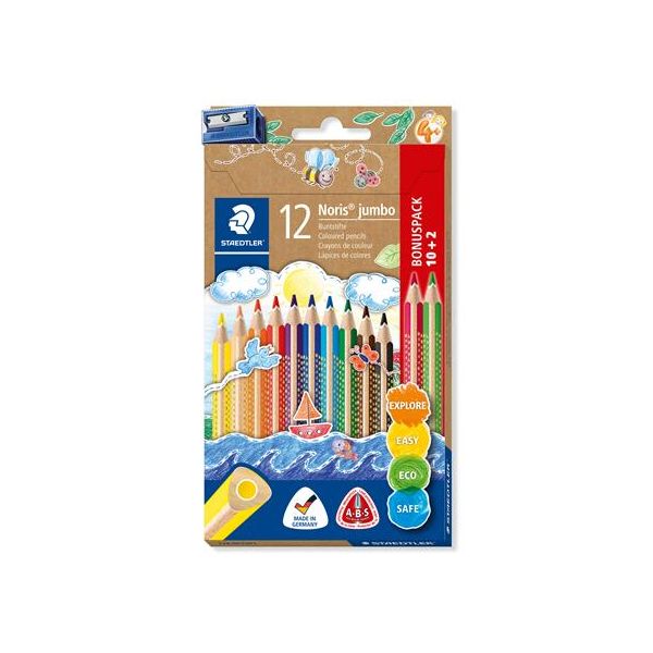 Farebné ceruzky, sada, trojhranné, hrubé, so strúhadlom, STAEDTLER "Noris® Jumbo 128", 10+2 rôznych farieb