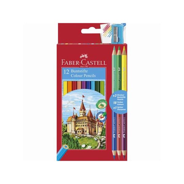 Farebné ceruzky, sada, šesťhranné, FABER-CASTELL, 12 rôznych farieb + 3 ks bicolor ceruziek
