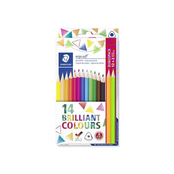 Farebné ceruzky, sada, trojhranné, darček: 2 ks farebných ceruziek, STAEDTLER "Ergo Soft", 14 rôznych farieb