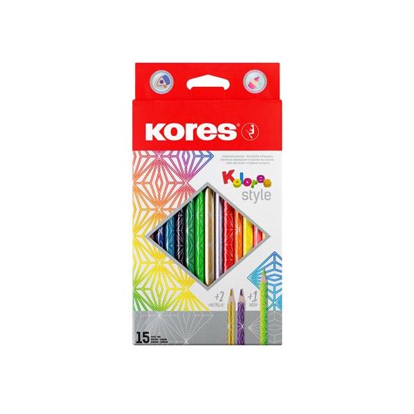 Farebné ceruzky, sada, trojhranné, KORES "Kolores Style", 15 rôznych farieb