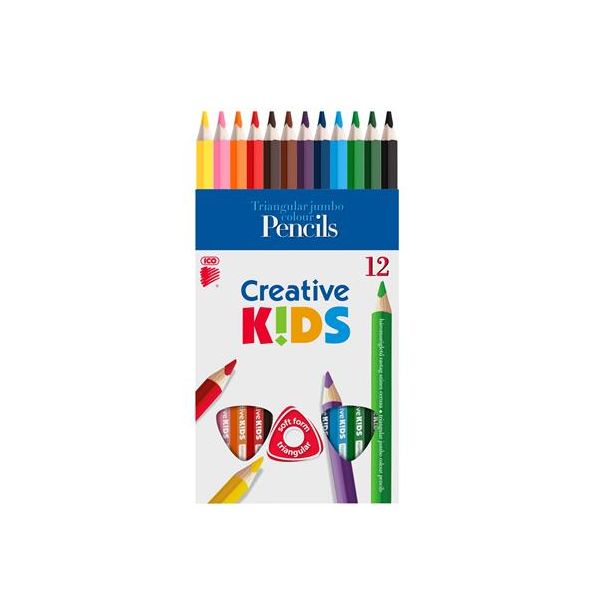 Farebné ceruzky, sada, trojhranné, hrubé, ICO "Creative kids", 12 rôznych farieb