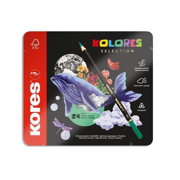 Farebné ceruzky, sada, trojhranné, kovová krabica, KORES "Kolores Selection", 24 rôznych farieb