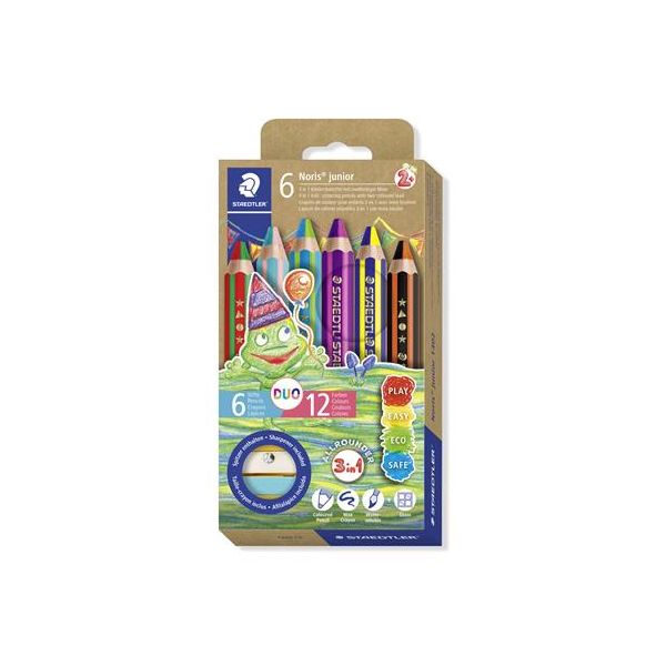 Farebné ceruzky, sada, dvojfarebné, so strúhadlom, STAEDTLER "Noris® junior 140", 6 rôznych farieb