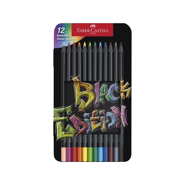 Farebné ceruzky, sada, trojhranné, v plechovej krabičke, FABER-CASTELL "Black Edition", 12 rôznych farieb