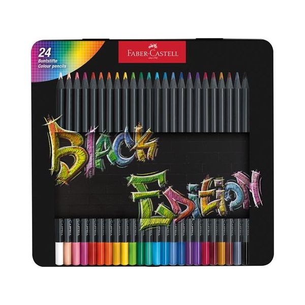 Farebné ceruzky, sada, trojhranné, v plechovej krabičke, FABER-CASTELL "Black Edition", 24 rôznych farieb
