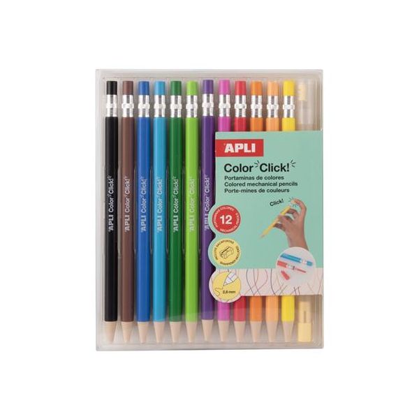 Farebné mechanické ceruzky, sada, APLI "Color Click", 12 farieb