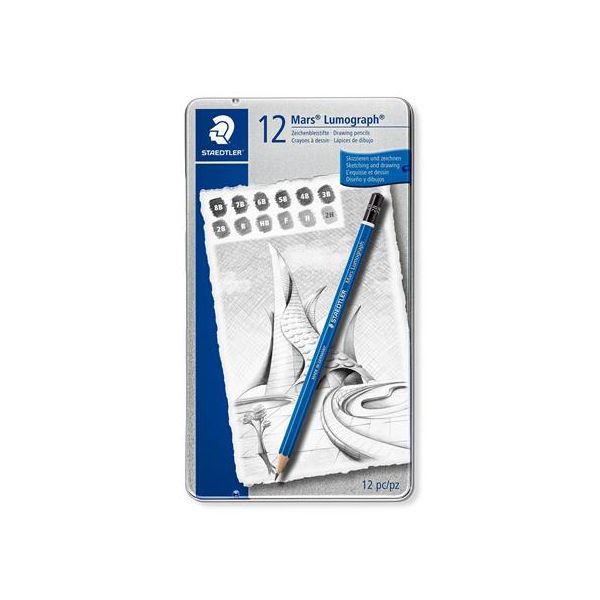 Grafitová ceruzka, sada, plechová krabička, šesťhranná, STAEDTLER "Mars Lumograph 100", 12 rôznych tvrdostí