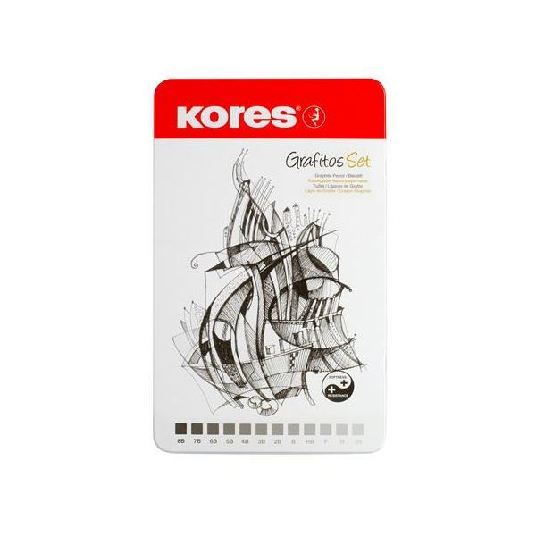Grafitová ceruzka, sada, kovová škatuľa, trojhranná, KORES "GRAFITOS", 12 rôznych tvrdostí
