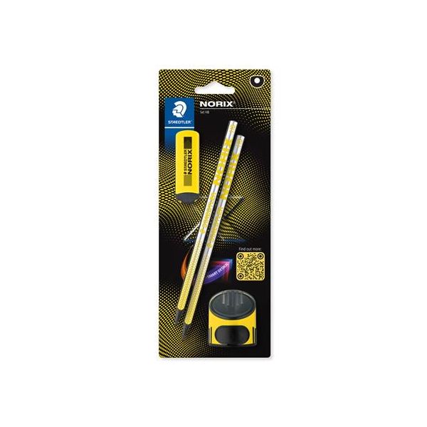 Grafitová ceruzka, sada, so strúhadlom a gumou, tvrdosť HB, STAEDTLER "Norix® 181", žltá, 4ks