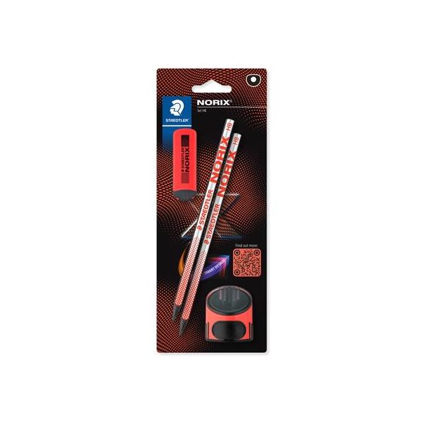 Grafitová ceruzka, sada, so strúhadlom a gumou, tvrdosť HB, STAEDTLER "Norix® 181", koralovo červená, 4ks