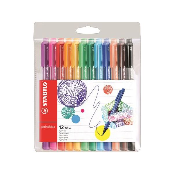 Fixky, sada, 0,8 mm, STABILO "Point Max", 12 rôznych farieb, 12ks