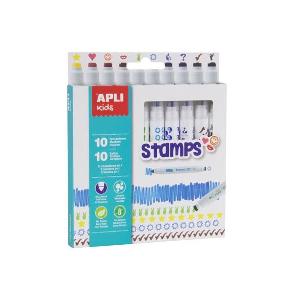 Fixky, sada, na pečiatkovanie, APLI Kids "Markers Duo Stamps", 10 rôznych farieb a motívov, 10ks