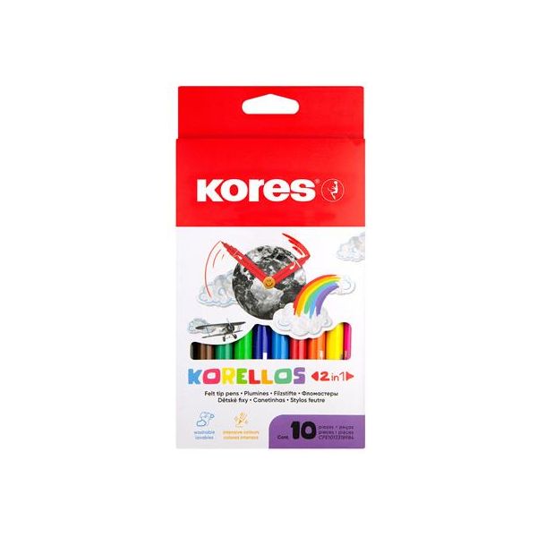 Fixky, sada, 1-3 mm, vyprateľné, KORES "Korellos 2in1", 10 rôznych farieb, 10ks