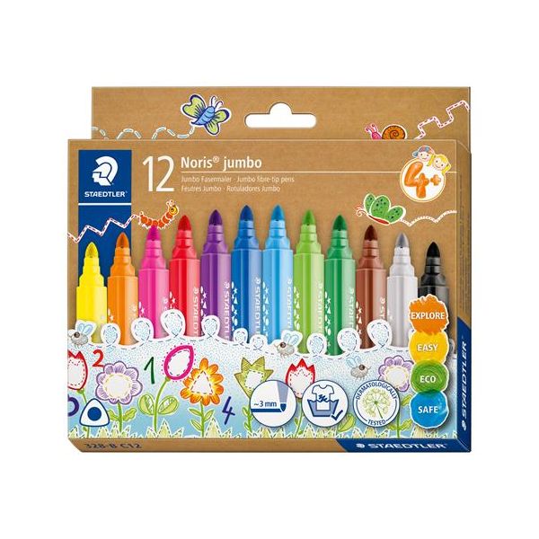 Fixky, sada, 3 mm, trojuholníkový tvar, vyprateľné, STAEDTLER "Noris® jumbo 328-B", 12 rôznych farieb, 12ks